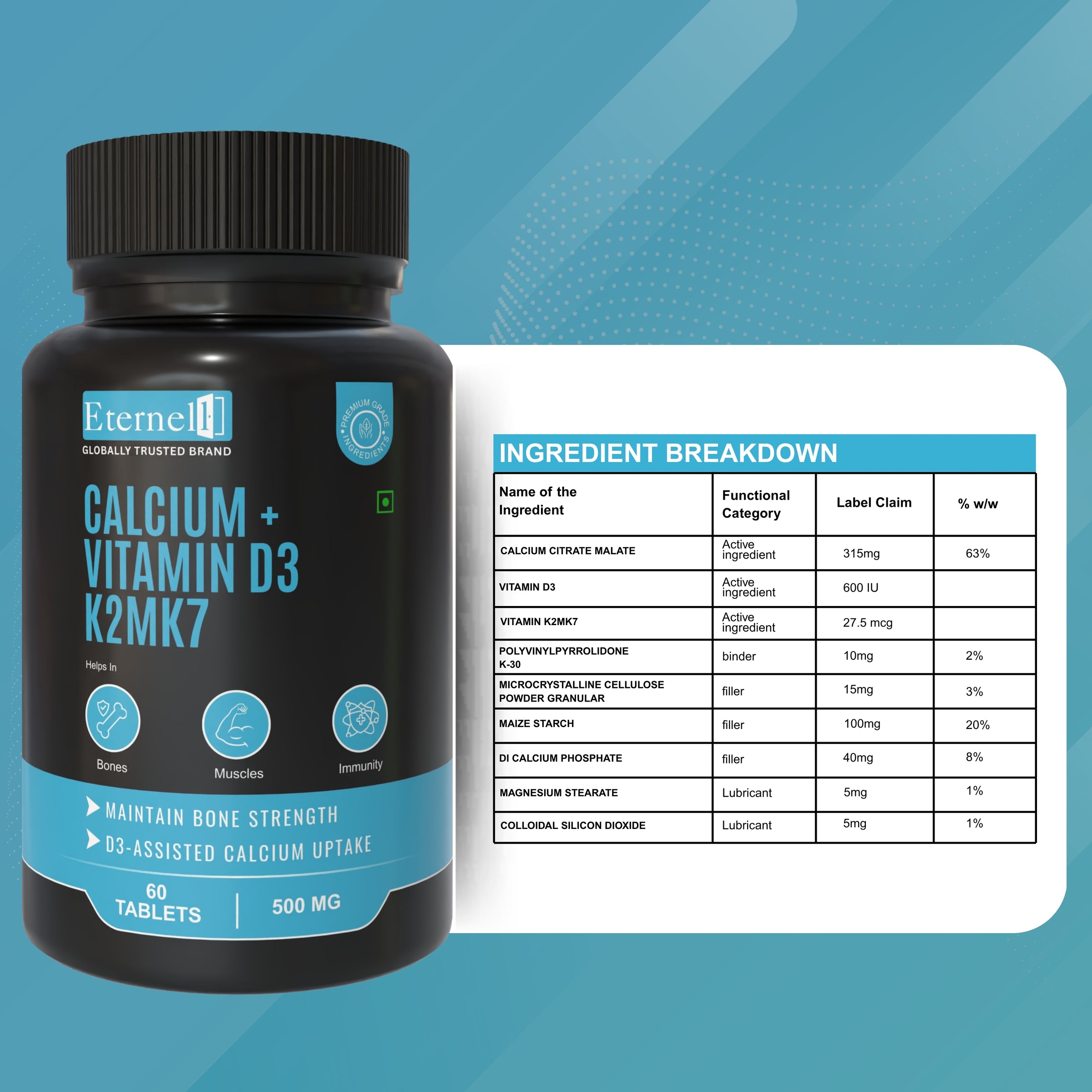 Calcium + Vitamin D3 K2 MK-7 Tablet – 500 mg
