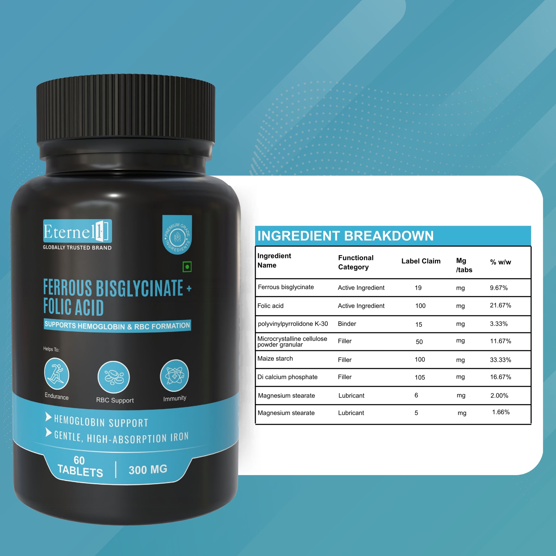 Ferrous bisglycinate + Folic acid Table - 300mg Supplement
